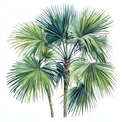 A lush, vibrant illustration of a tropical palm tree with fan-shaped leaves, showcasing shades of green and a natural aesthetic.