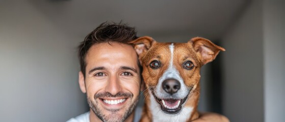 A smiling man poses with his cheerful dog, showcasing a joyful bond between pet and owner in a bright, minimalist setting.