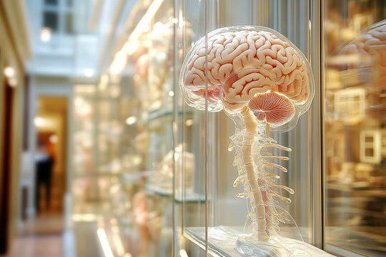 Anatomical model of alien brain displayed in glass cabinets within a medical museum. Abstract concept. 