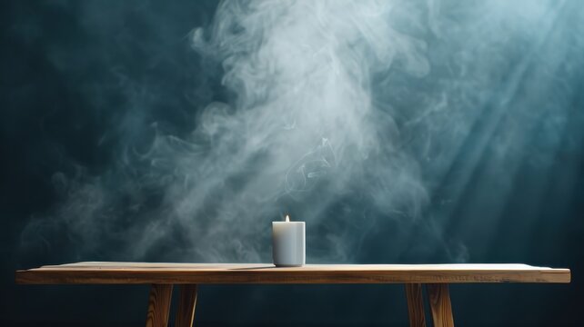 Wooden table set for romantic dinner shrouded in fog and candlelight.