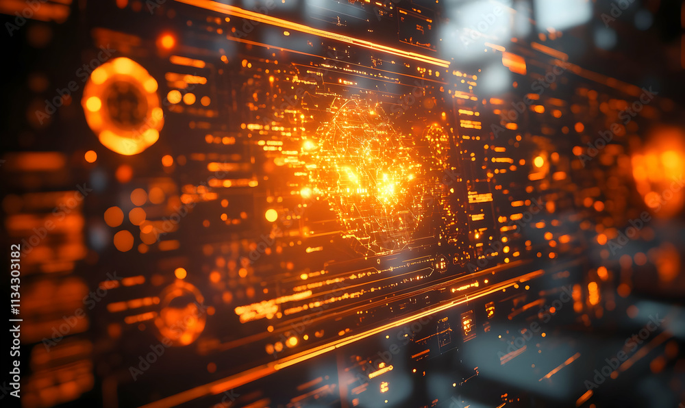 Poster abstract digital interface with glowing orange elements and data patterns.