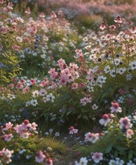 Obraz premium Softly glowing wildflowers in shades of pink and white scattered throughout an idyllic landscape featuring clusters of ripe blueberries and blackberries , garden, wildflowers