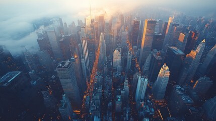 Obraz premium Aerial view of a city skyline at dusk with fog