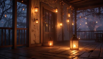 Flickering lanterns on a cobweb-covered porch, , abandoned house, moonlit night