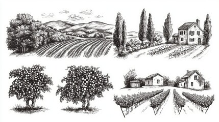 Vineyard landscapes sketch set. Hand drawn vintage rural grape plants vine field plantation and winery house vector illustration