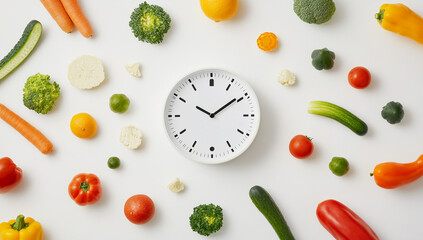 Clock surrounded by vegetables on white background