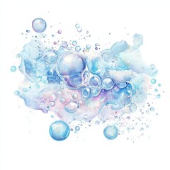 A dreamy watercolor composition featuring bubbles and soft pastel hues, creating an ethereal and tranquil atmosphere.