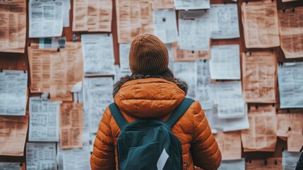 Person standing in front of a job listings board, scanning opportunities with a focused expression. The scene conveys the pursuit of career advancement and the search for meaningful employment.
