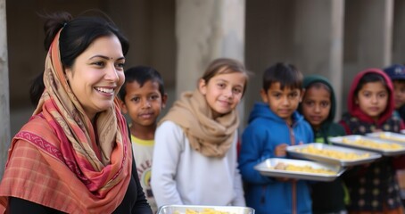 Fototapeta premium Smiling Woman in Traditional Attire Serving Food to Children in a Community Setting, Perfect for Cultural or Charity Promotions