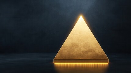 A golden 3D pyramid with illuminated edges, placed on a reflective black surface with glowing light beams radiating upwards