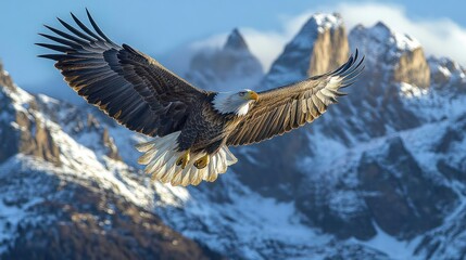 Obraz premium Bald eagle soaring over snow capped mountains