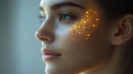 A close-up of a woman's face with sparkling effects highlighting her features.