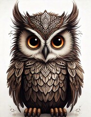 Fototapeta premium Cute Cartoon tribal Owl with feathers on a white background