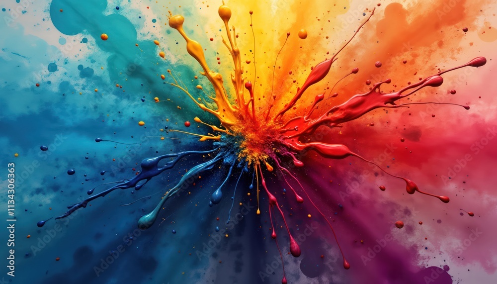 Poster Colorful paint splashes explode in vibrant colors. Abstract art with dynamic movement. Dynamic visual explosion of color creates high energy. Vibrant, bold. Intense display of color mixing. High