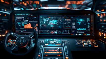 Obraz premium A futuristic control panel with multiple screens displaying data and analytics.