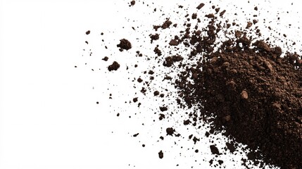 A close-up of rich, dark soil scattering across a white background.