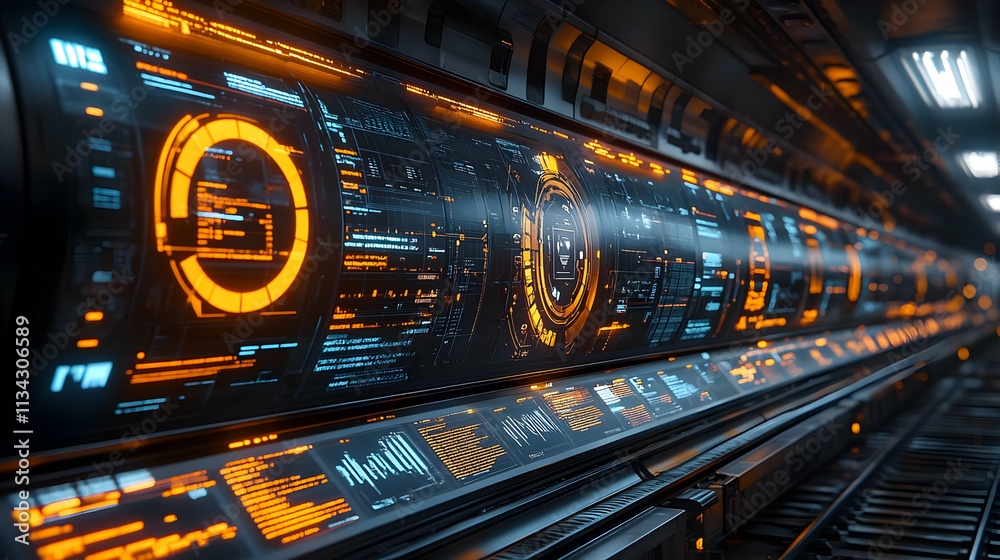 Poster a futuristic digital interface with glowing orange and blue elements displaying data and metrics.