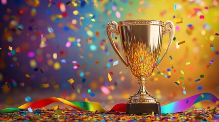 Shiny gold trophy surrounded by colorful confetti, symbolizing celebration and achievement.