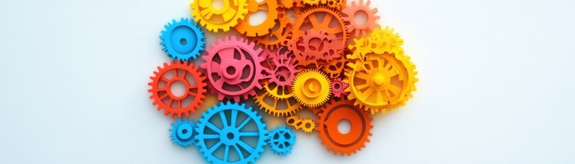 Colorful gears interlock on white; nobody.