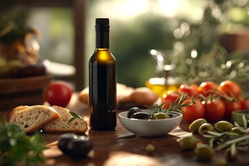 Obraz premium A bottle of olive oil surrounded by fresh bread, tomatoes, and olives, showcasing authentic Mediterranean culinary elements.