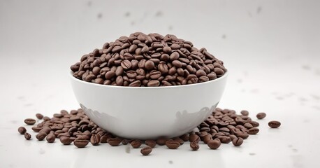 a bowl of aromatic coffee beans against a white backdrop , rustic texture, earthy color