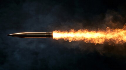 Fototapeta premium A metallic bullet is fired, emitting a trail of vibrant orange flames against a dark smoky backdrop.