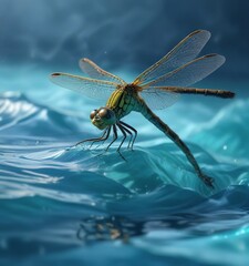 A majestic dragonfly catches a fish in the heart of a tranquil blue silk wave background , wildlife, aquatic, nature