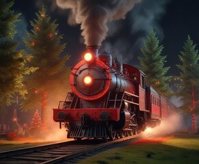 Obraz premium Steam-powered locomotive with a festive red light and greenery in front of a towering Christmas tree, steam locomotive, foggy background, greenery