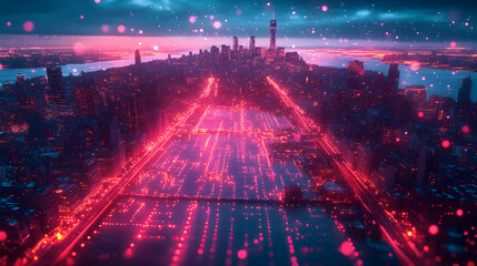 Fototapeta premium A vibrant, futuristic cityscape illuminated in pink and blue tones at twilight.