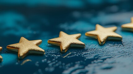 Close-up of shimmering gold stars against a blue reflective background, creating a luxurious and celebratory atmosphere.