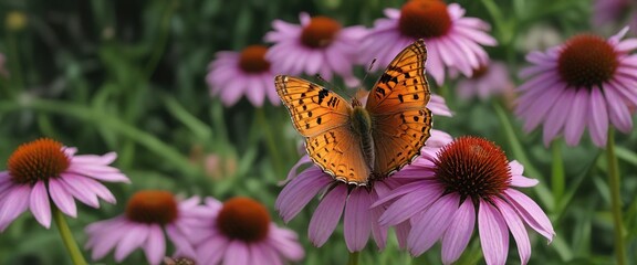 Aphrodite Fritillary on Purple Coneflower in Nature, butterflies, cone flower