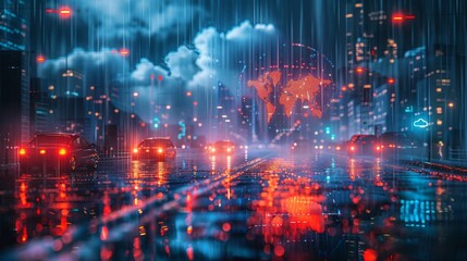 Obraz premium Futuristic city street at night with digital map overlay.