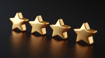 Obraz premium Four shiny golden stars arranged on a sleek black surface, symbolizing excellence and achievement.