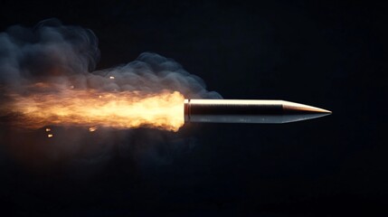 Close-up of a bullet in motion with fiery propulsion and smoke trails against a dark background.