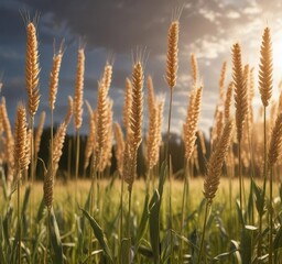 Fototapeta premium Sunlight filters through the tall wheat stalks in a summer field, summer, green