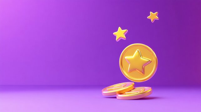 Golden coins with star symbols falling against a vibrant purple background.