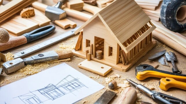 Wooden house model surrounded by carpentry tools and blueprint. - Powered by Adobe