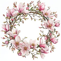 Obraz premium A delicate floral wreath featuring pink magnolia blossoms arranged in a circular pattern, creating a soft and elegant design.