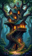 Enchanted treehouse nestled in forest. Warm light illuminates wooden structure. Spiral staircase winds around tree trunk. Peaceful, magical. Ideal for fantasy, fairytale, eco-themed projects. Perfect