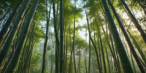 Towering bamboo stalks swaying gently in the breeze, wind blowing, leafy branches