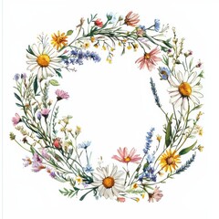 Obraz premium A colorful floral wreath featuring various wildflowers, creating a beautiful natural frame perfect for invitations or decor.