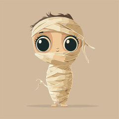 Cartoon mummy character wrapped in beige bandages, smiling.