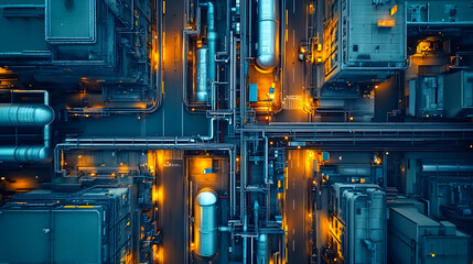 Fototapeta premium Aerial view of an industrial area illuminated at night with complex piping and structures.