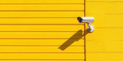 A surveillance camera mounted on a bright yellow wall, enhancing security measures.
