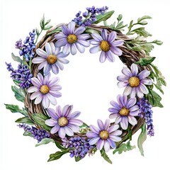 A floral wreath featuring lavender and daisies, showcasing vibrant purple and white colors with a rustic, natural feel.