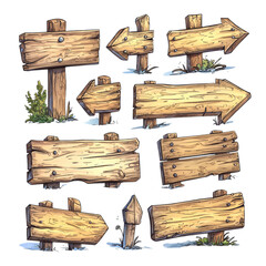 Fototapeta premium Wooden directional signs in nature illustration outdoor environment hand-drawn style for graphic design