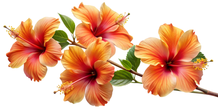 Hibiscus Branch with Orange Gradient Petals, Transparent Background. Perfect for: Hawaiian festivals, tropical resorts, summer celebrations