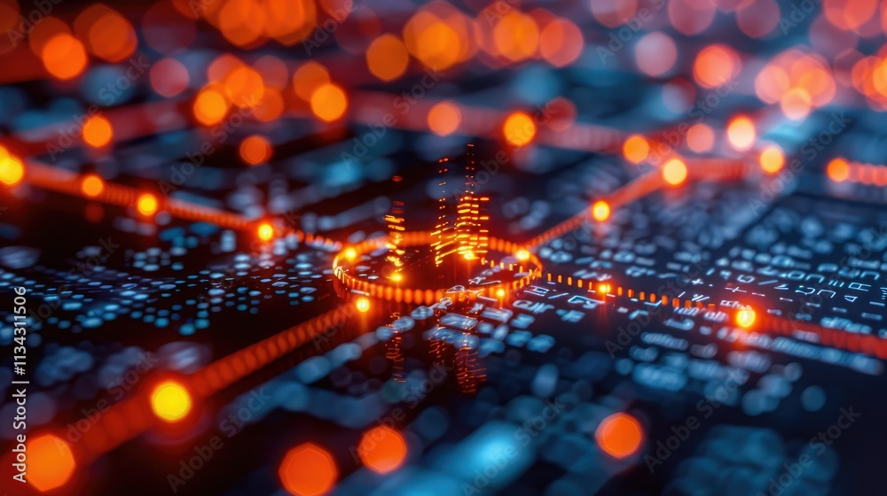 Poster abstract digital network with glowing nodes and data streams.