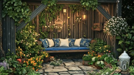 Obraz premium Serene garden nook with wooden bench, lush plants, and soft lighting.