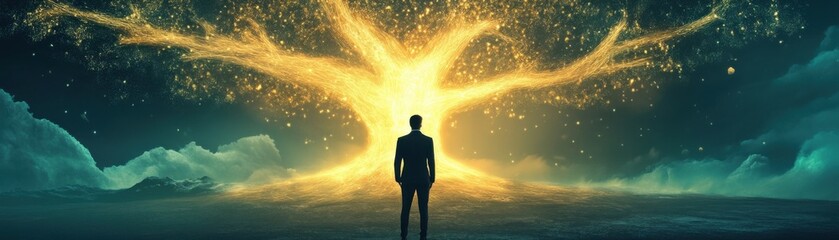 Fototapeta premium Man in suit, glowing tree, night; awe.